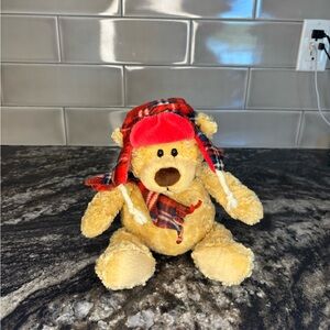Vintage GUND Teddy Bear 10” Plaid Trapper Hat & Scarf Cozy Cabin Style
